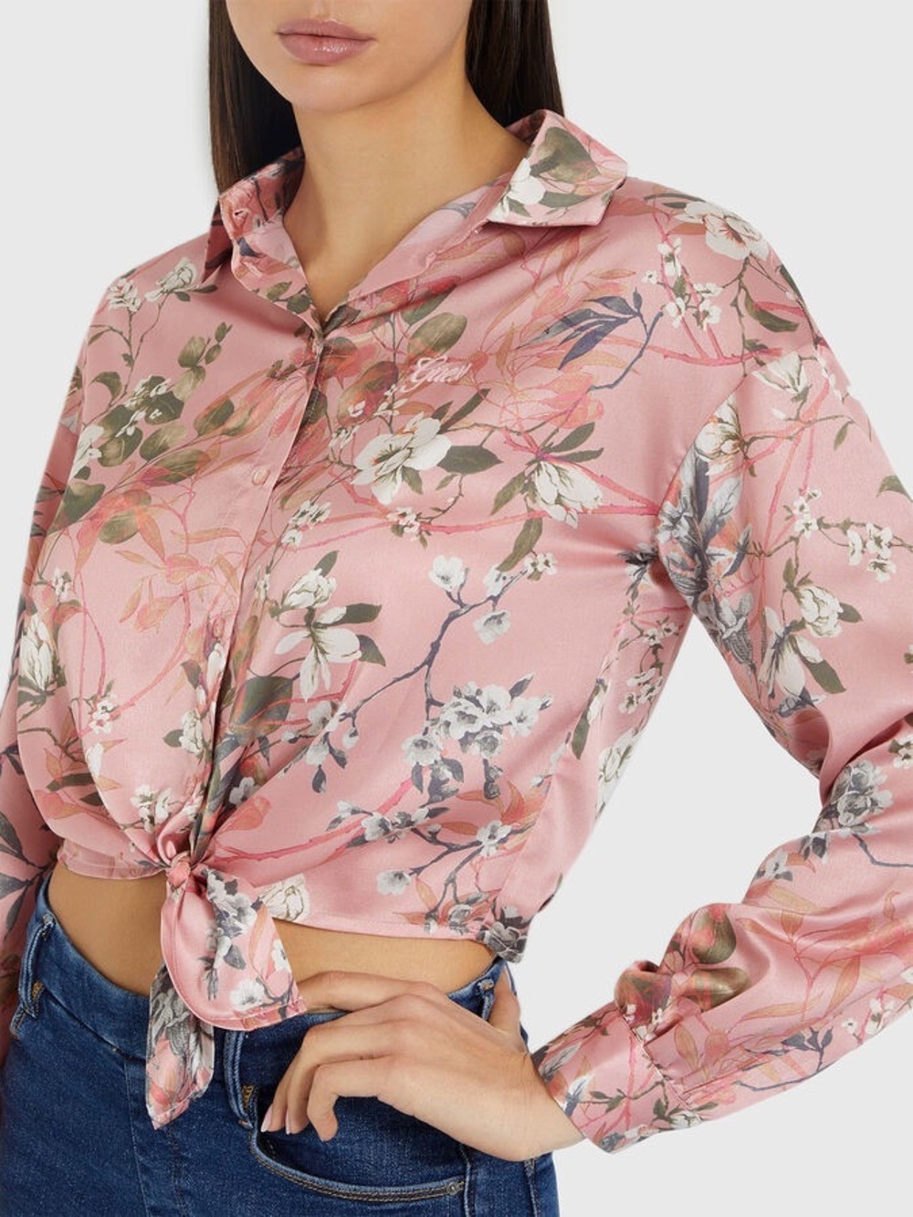 Guess| ‘Jun’ Pink Floral Satin Tie-Front Cropped Button Down Shirt Sz L